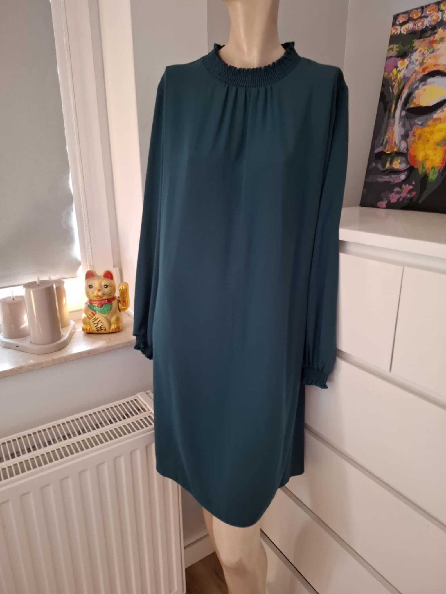 44 Dorothy Perkins ciemnozielona sukienka zielony butelkowy ze stójką