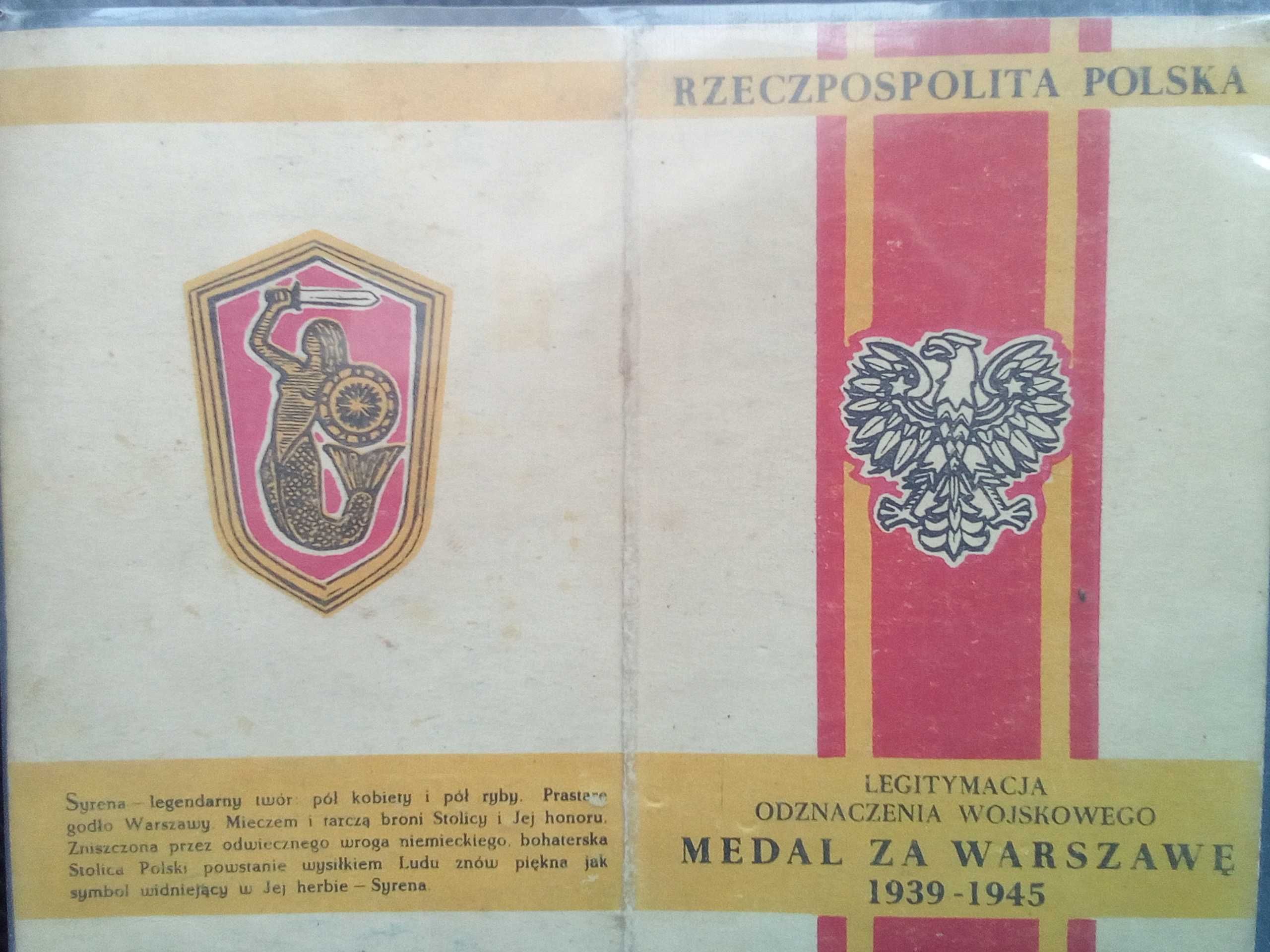 Legitymacja do odznaczenia wojskowego Medal za Warszawę z 1946 roku.
