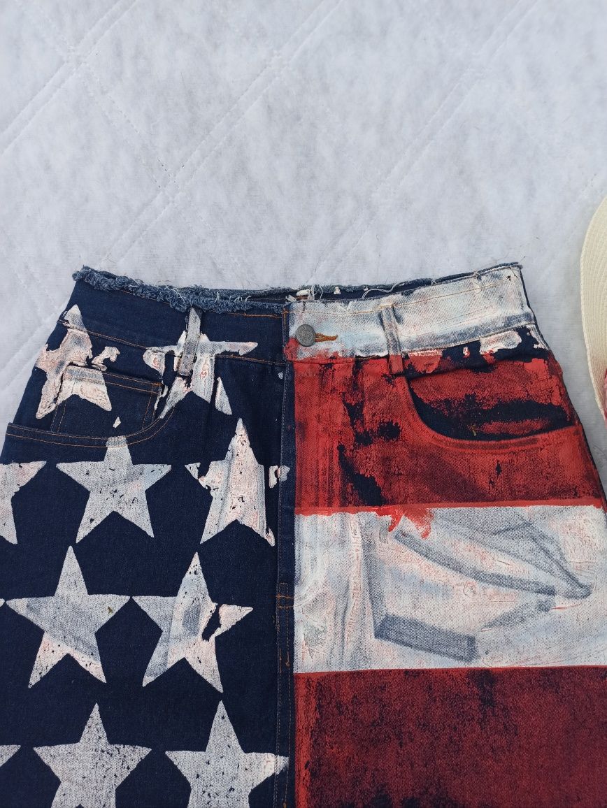 Jeansowa trapezowa spódnica malowana vintage flaga amerykańska 40
