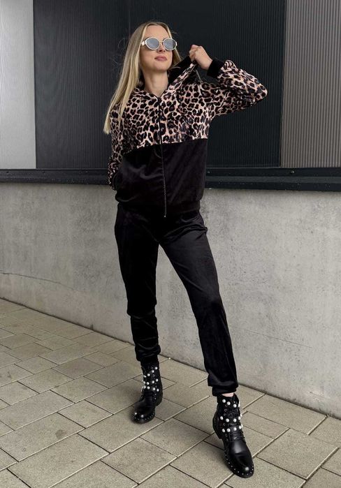 Dresy damskie welurowe w panterkę spodnie + bluza czarne r.XL wys.24h
