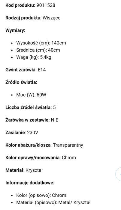 Lampa brutop merilo lampa krysztal chrom zwis