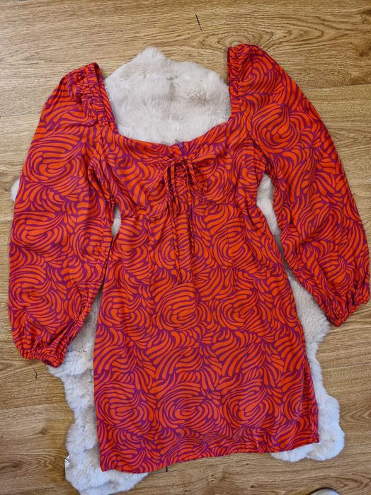 Śliczna sukienka z wiskozy Sinsay S pomarańcz fiolet luźne rękawy