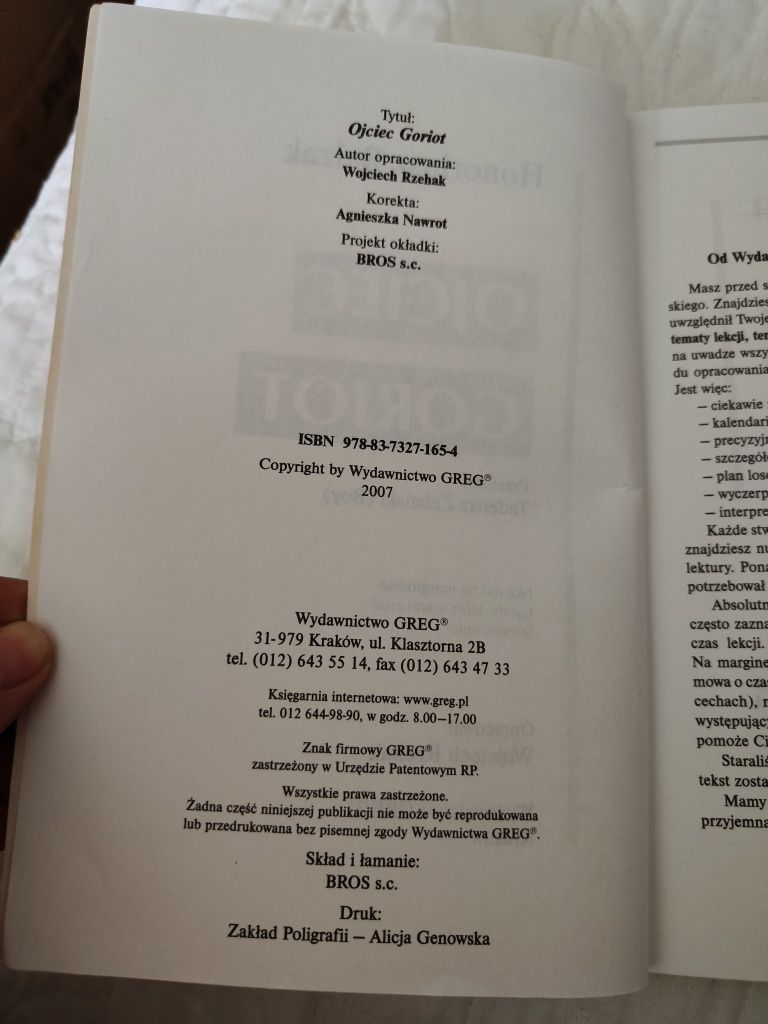 Lektura szkolna, ojciec Goriot, Balzac, wyd. Greg