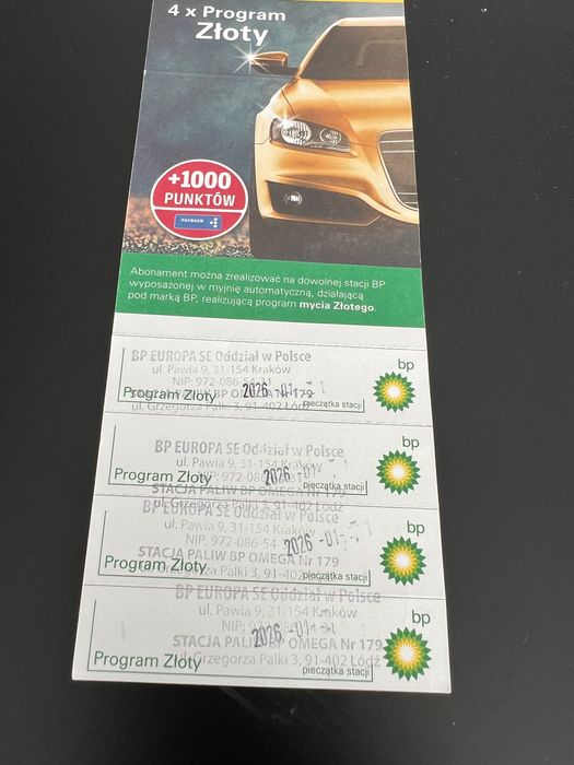 Karnet Voucher myjnia BP ZŁOTY program 4 mycia