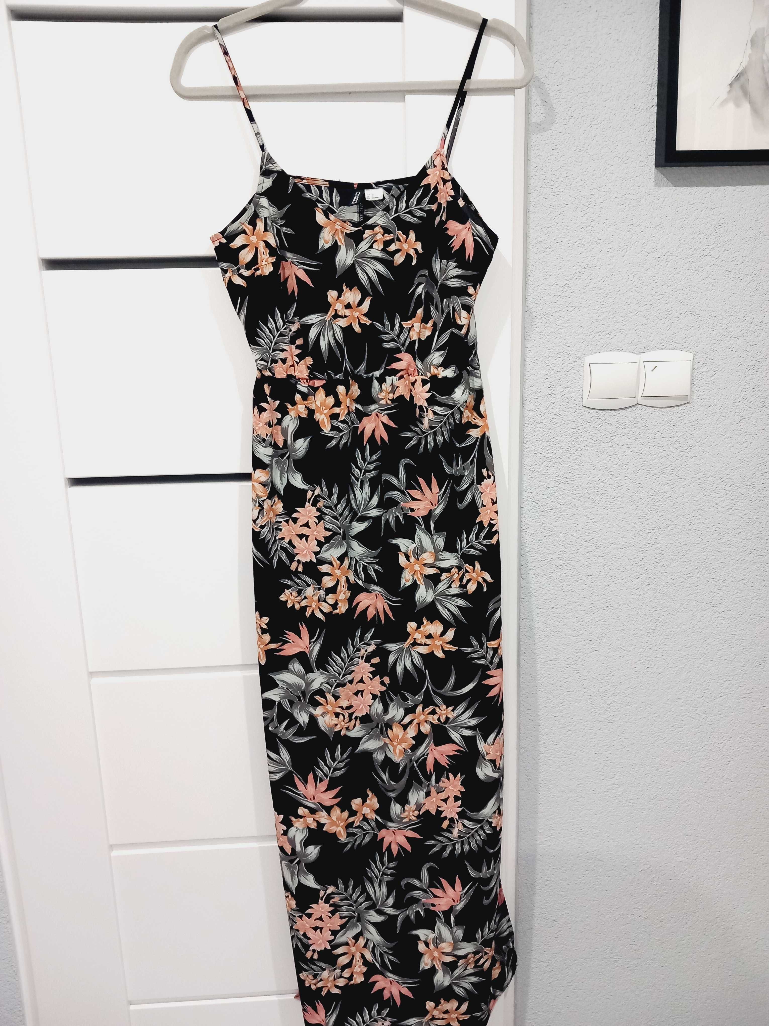 H&M dluga letnia zwiewna sukienka w kwiaty na ramiaczkach M