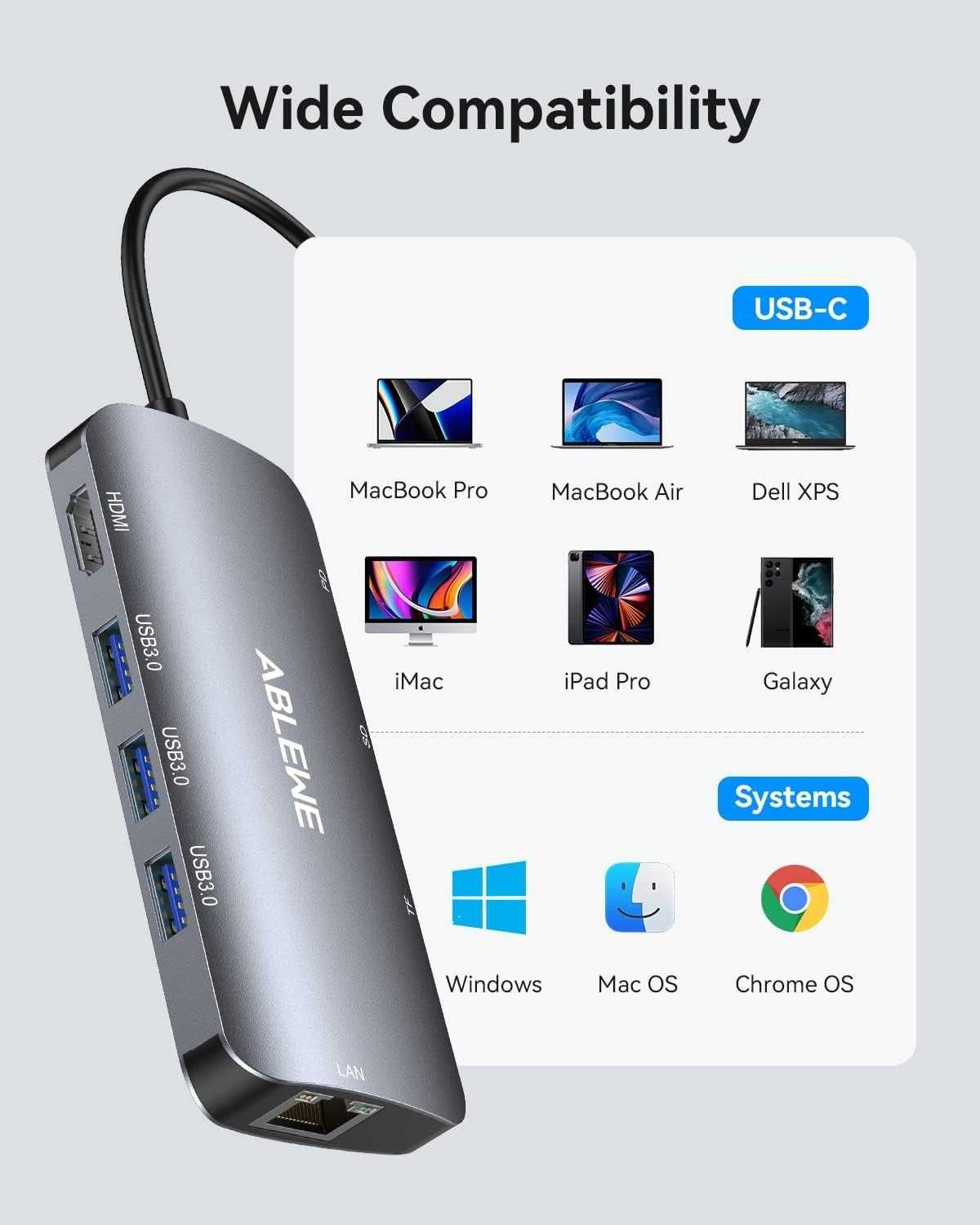 Hub USB C, 8 w 1 adapter wieloportowy USB C na HDMI z 1000 m Ethernet