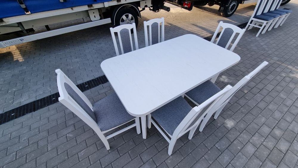 Stół 80x140/180 + 6 krzeseł, nowe, biały + szary, dostawa cała POLSKA
