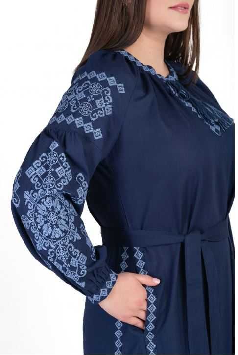 Темно-синя сукня-вишиванка, льон, максі, р-ри: S, M, L, XL, 2XL, 3XL