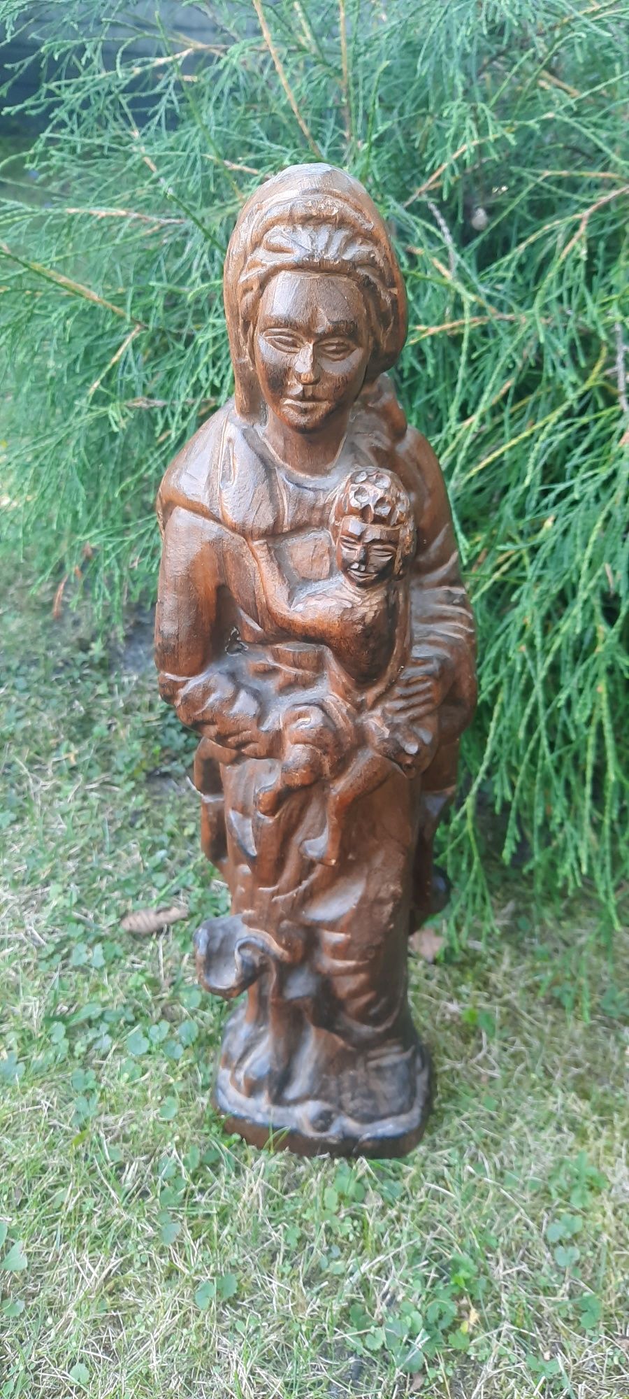 Antyk, przepiękna figura Matki Boskiej z Dzieciątkiem w litym drewnie