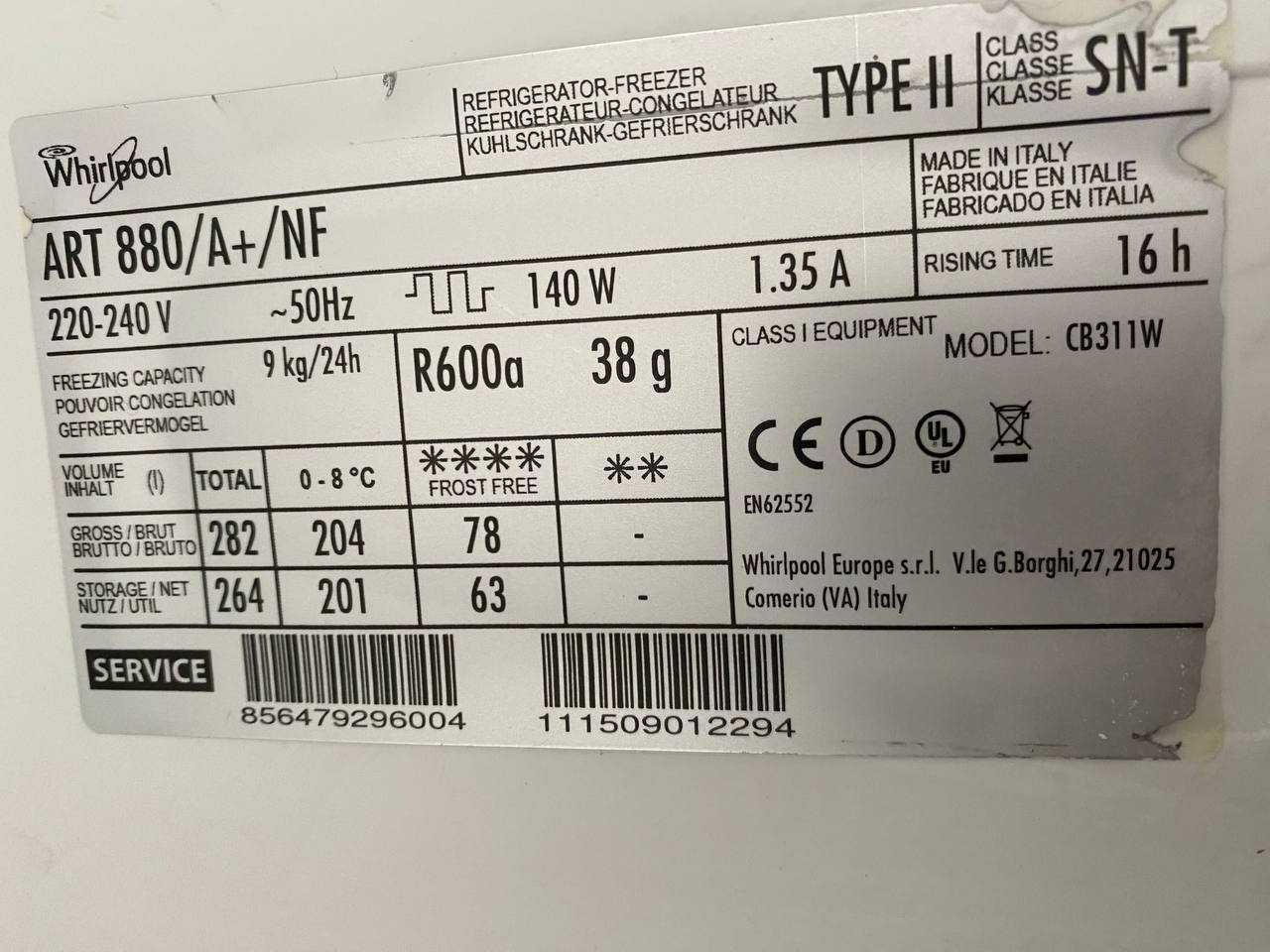 Холодильник Whirlpool ART 880/A+ /NF ( 177 см) з Європи