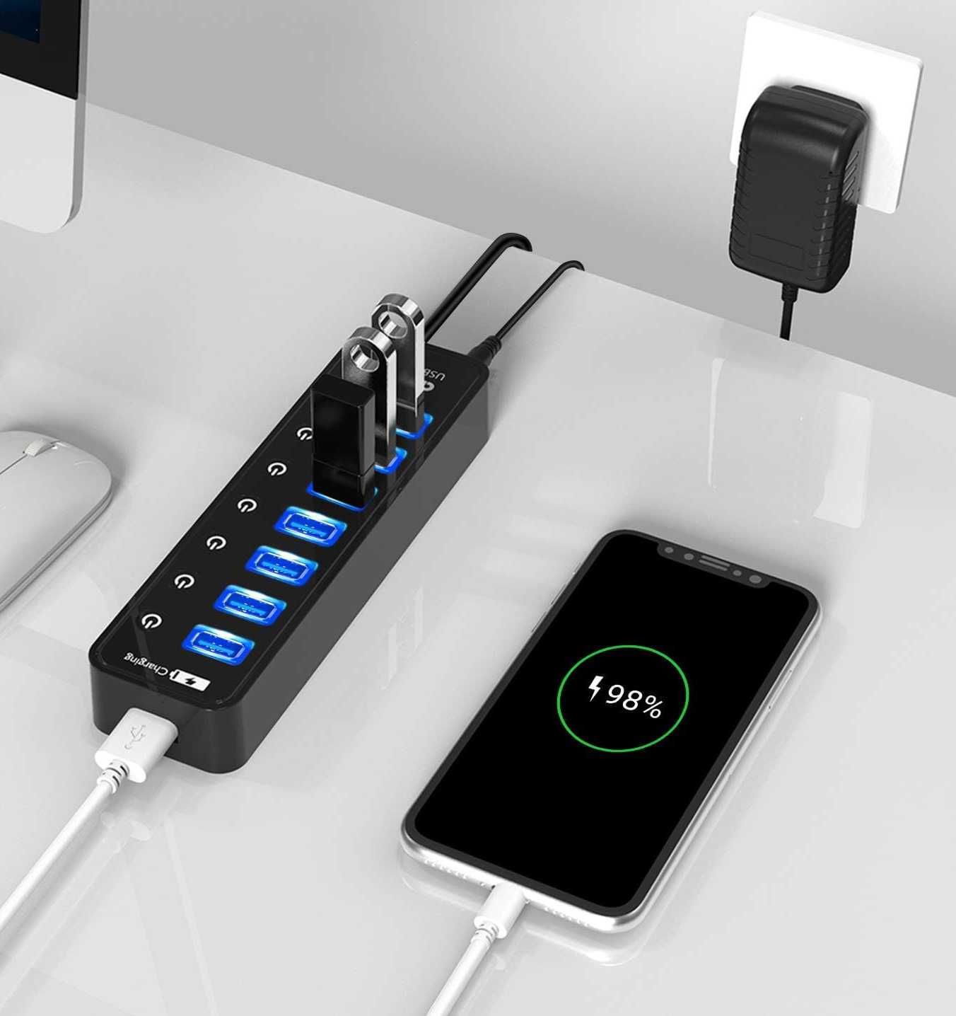 Aktywny HUB USB 3.0 zasilacz, 8 portów w tym 1 inteligentny ładowania