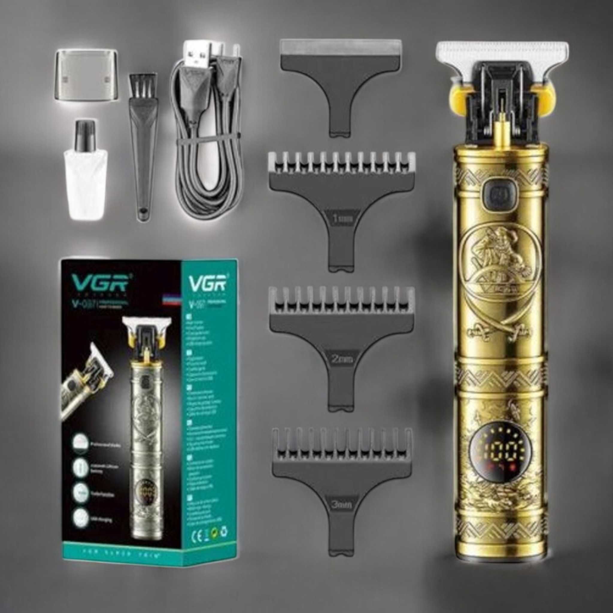 Триммер для бороды и волос VGR V-097Gold 4 насадки LED-дисплей IPX7