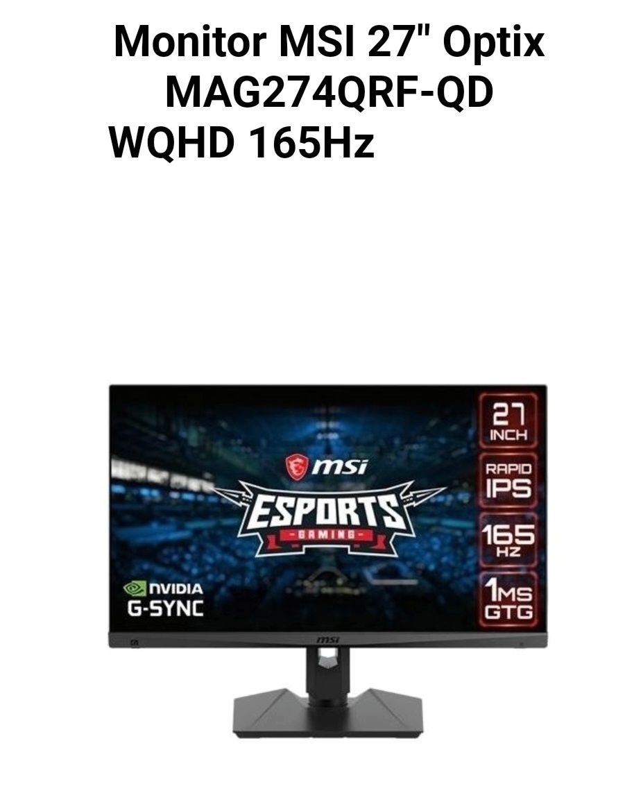 Monitor MSI 27" Optix MAG274QRF-QD IPS WQHD 165Hz 1ms G-Syn