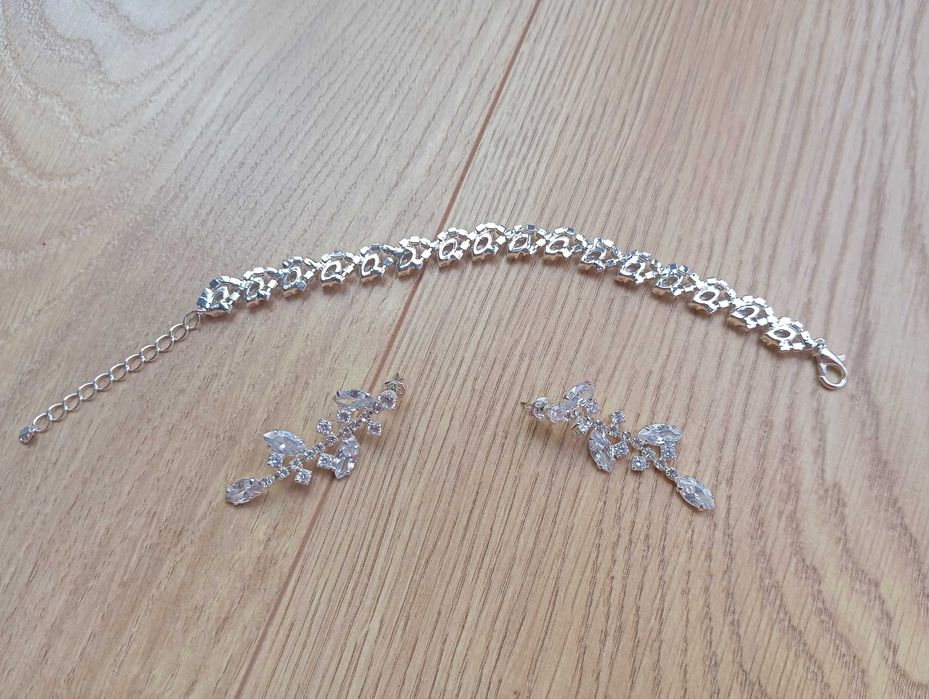 Komplet zestaw srebrna biżuteria ślubna bransoletka kolczyki cyrkonie