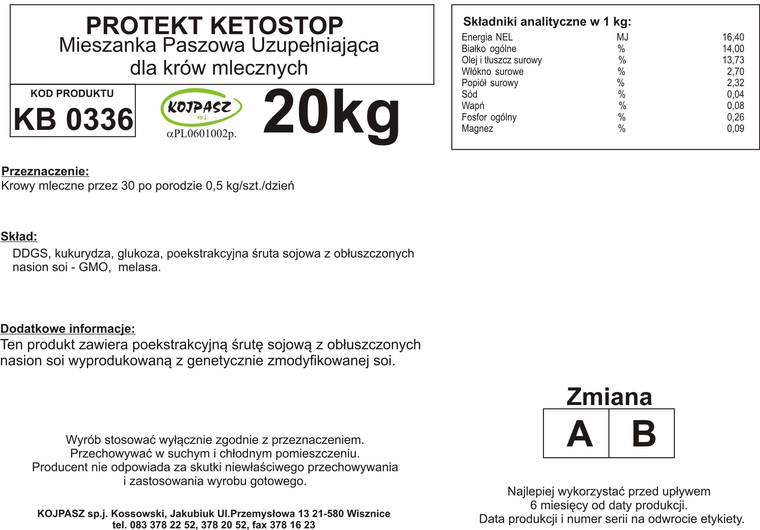 Środek NA KETOZĘ dla krów mlecznych PROTEKT KETOSTOP - 20KG KOJPASZ
