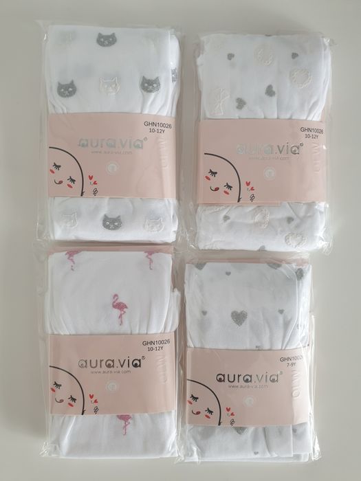 Rajstopy dziewczęce białe w srebrne kotki 10-12 lat 140-152 Aura via