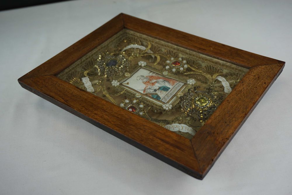 Zabytkowy relikwiarz relikwia rama Św. Hieronim Celestyn Bonifacy