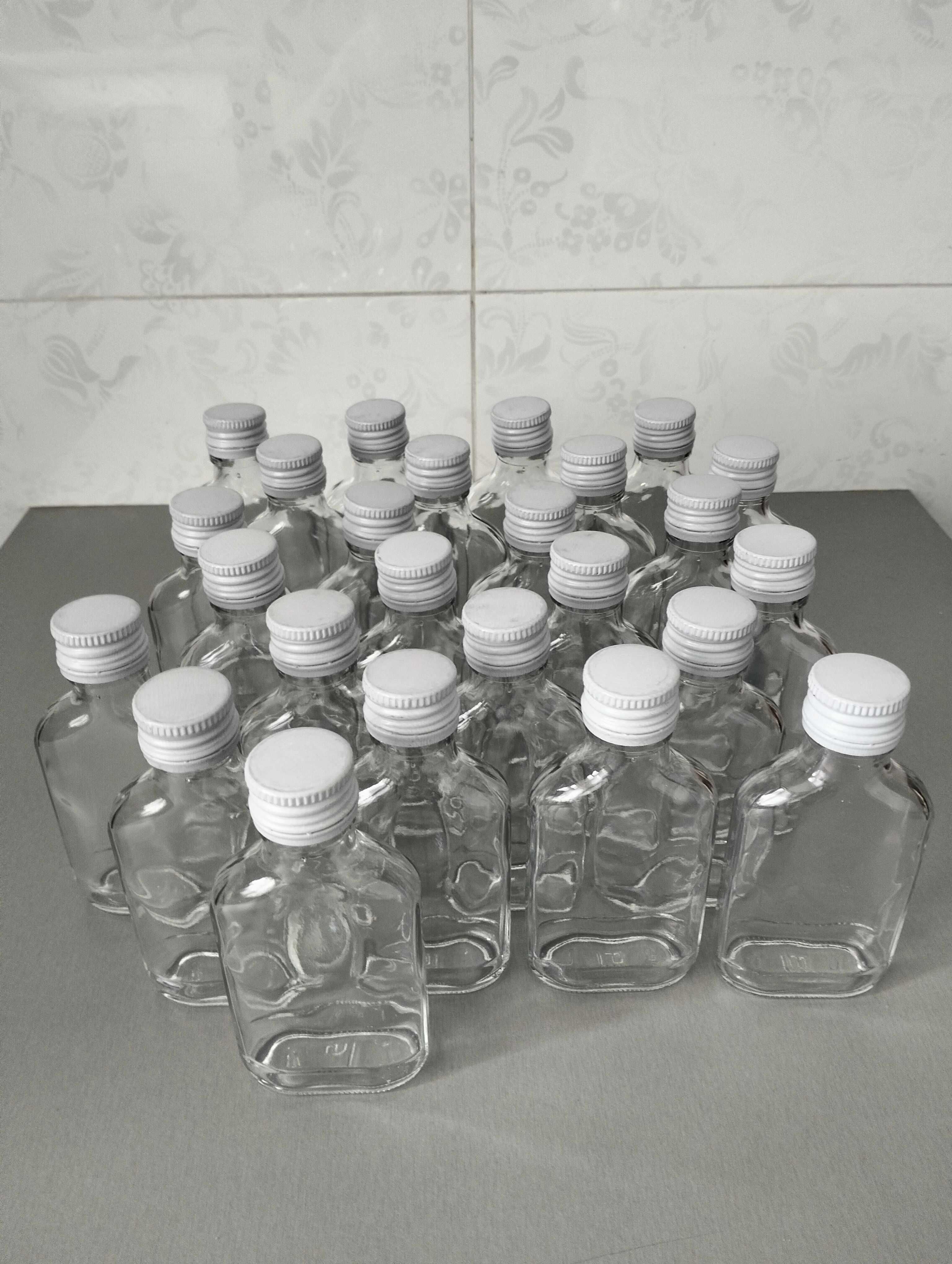 Butelki szklane 100 ml setki, małpki plus zakrętki białe, 25 sztuk