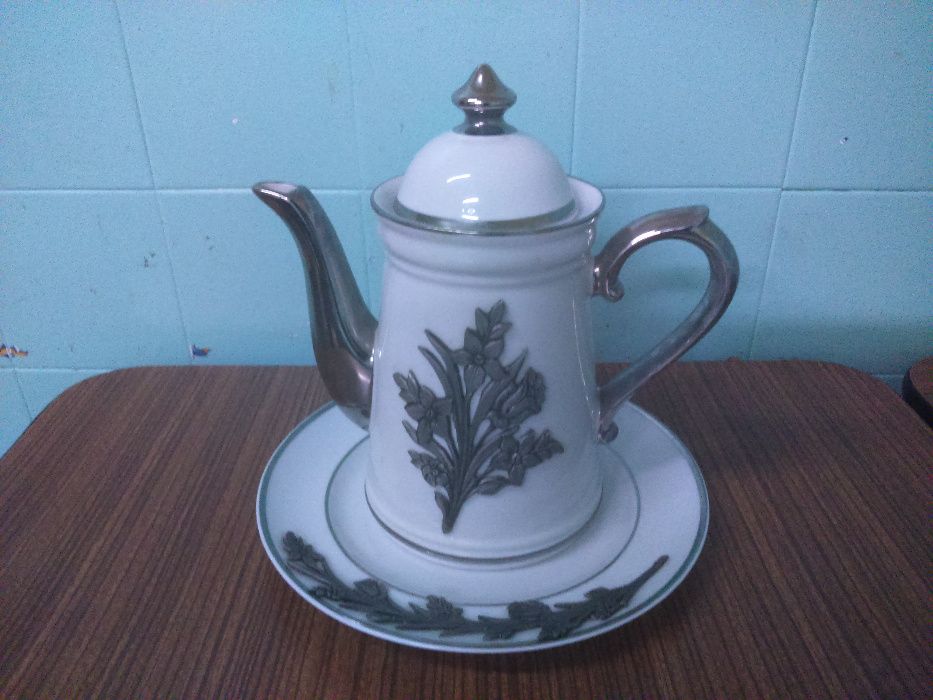 Retro Vintage Grande Bule Prato Porcelana Estanho