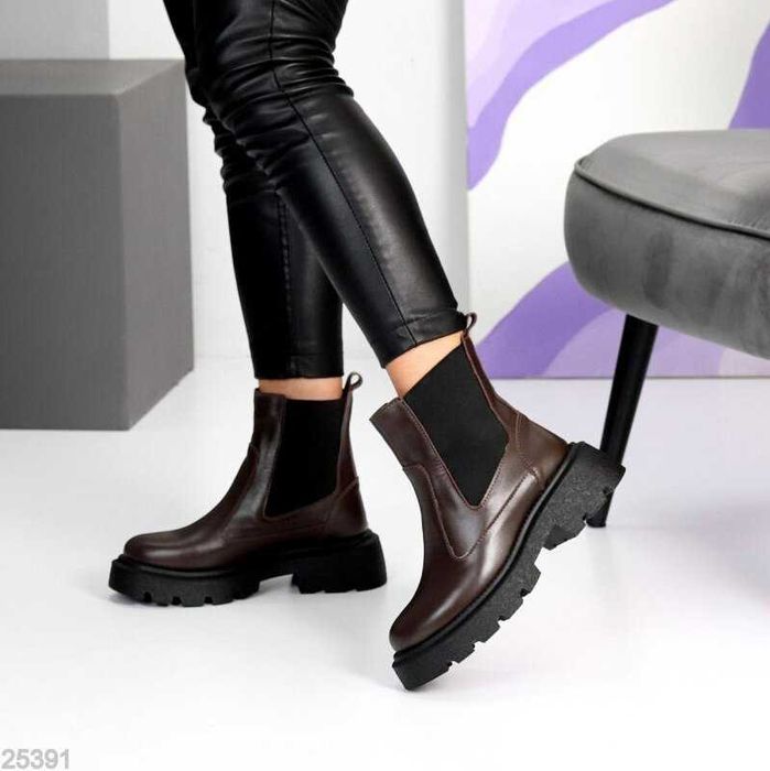 Зимові шкіряні коричневі черевики челсі коричневые ботинки челси 36,38