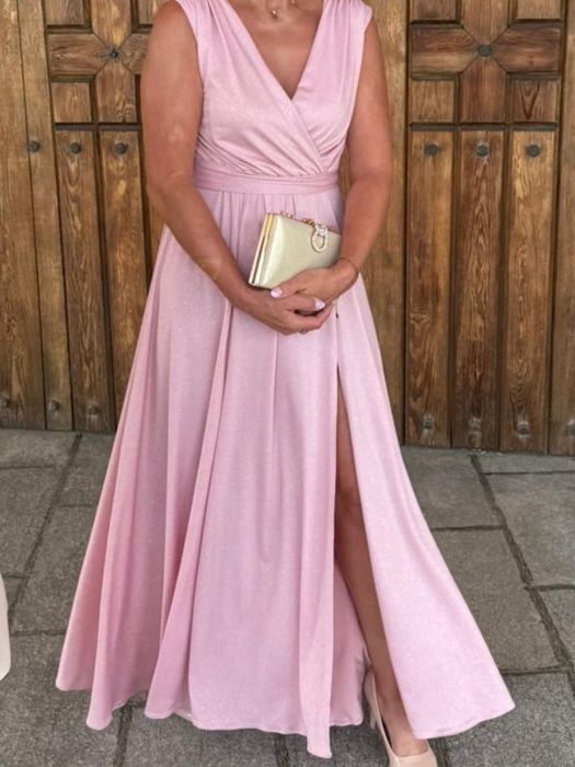 Sukienka wieczorowa pudrowy róż z dodatkiem brokatu rozmiar S/M