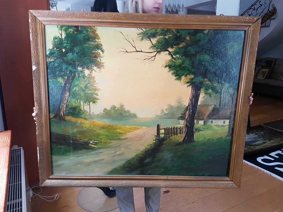 Obraz DUŻY malowany na płótnie PEJZAŻ WIEJSKI w ramie 104x85cm