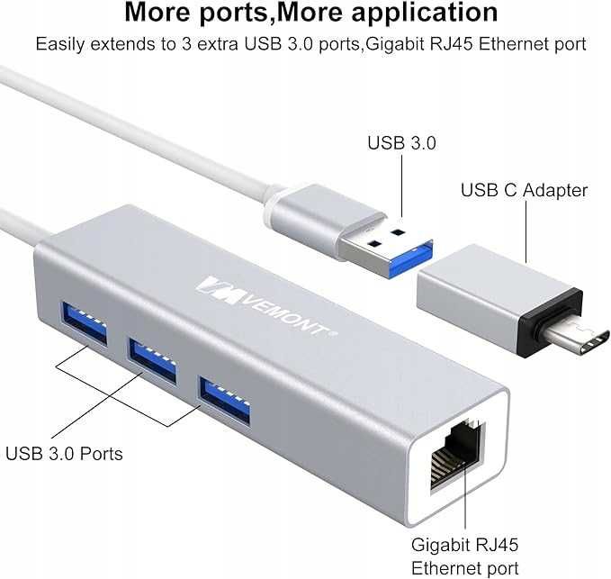 Rozgałęziacz adapter USB LAN, adapter Ethernet USB, 3 porty USB 3.0