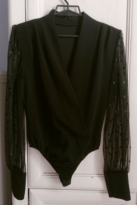 XS S M one size czarne body tiulowe rękawy groszki dots kropki
