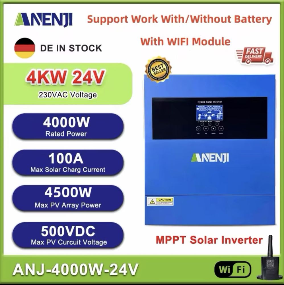 Гібридний сонячний інвертор Anenji ANJ-4000W-24V+wi-fi инвертор