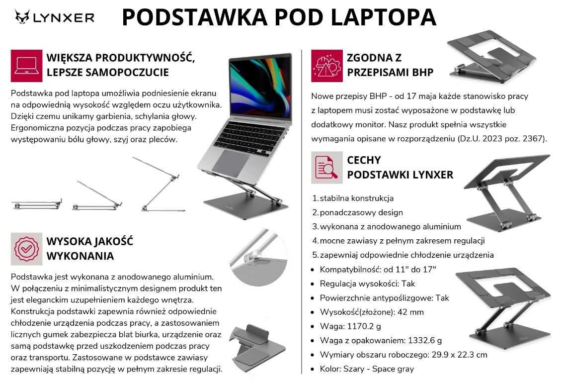 Podstawka pod laptopa BHP - LYNXER Kolor: Space Grey - ergonomiczna