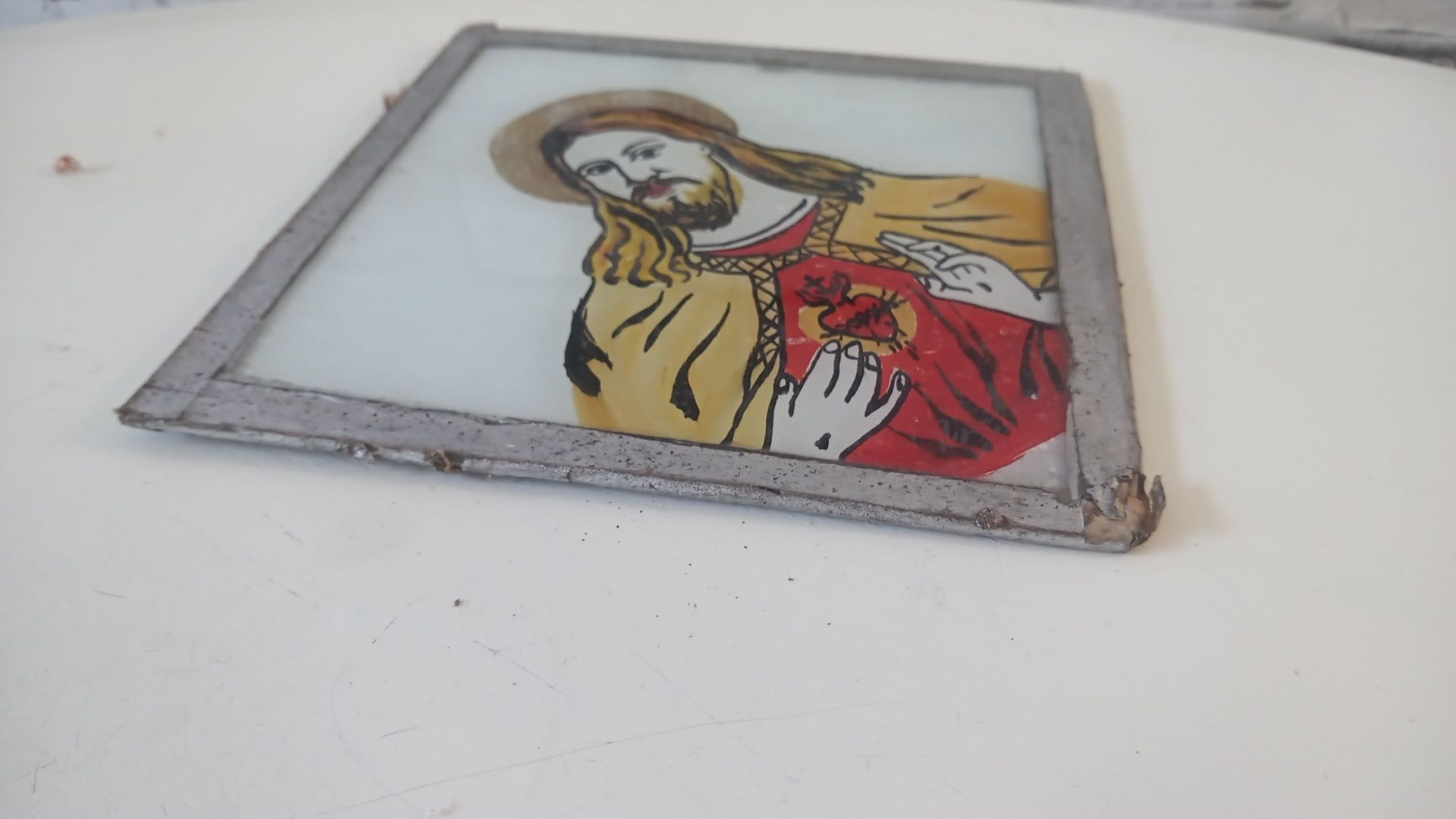 Szklany zabytkowy obrazek Jezus