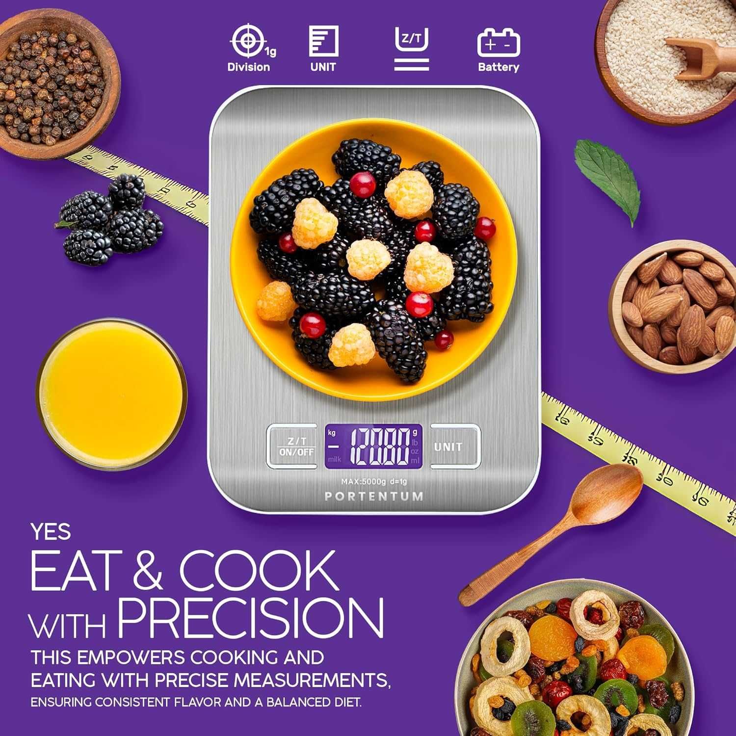 Balança cozinha precisa 1 gr. a 5 kg com ecrã LCD, aço inoxidável