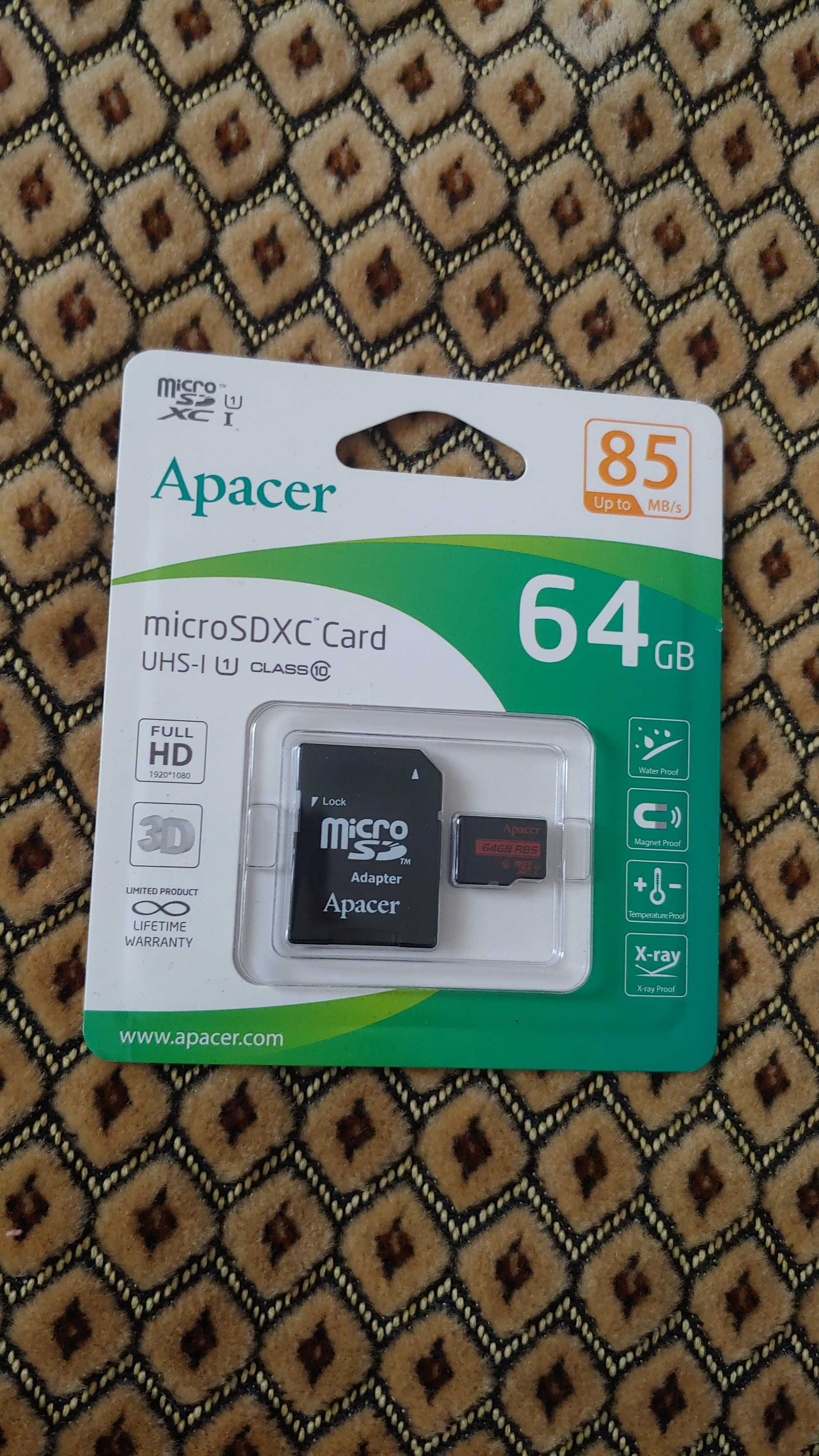 Карта памяти APACER micro SD 64GB Class 10 UHS-I 85Mbit Оригинал Новая