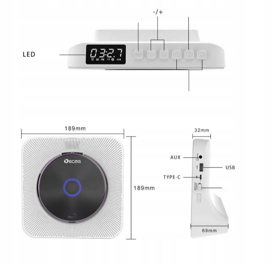 Odtwarzacz Przenośny CD Głośnik Bluetooth Radio