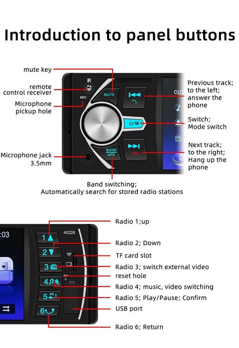 Radio 1 Din 4.1 Inch FM Audio  Bluetooth Com camara marcha atrás