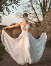 Suknia ślubna boho romantyczna delikatna s xs 36 koronkowa muślinowa