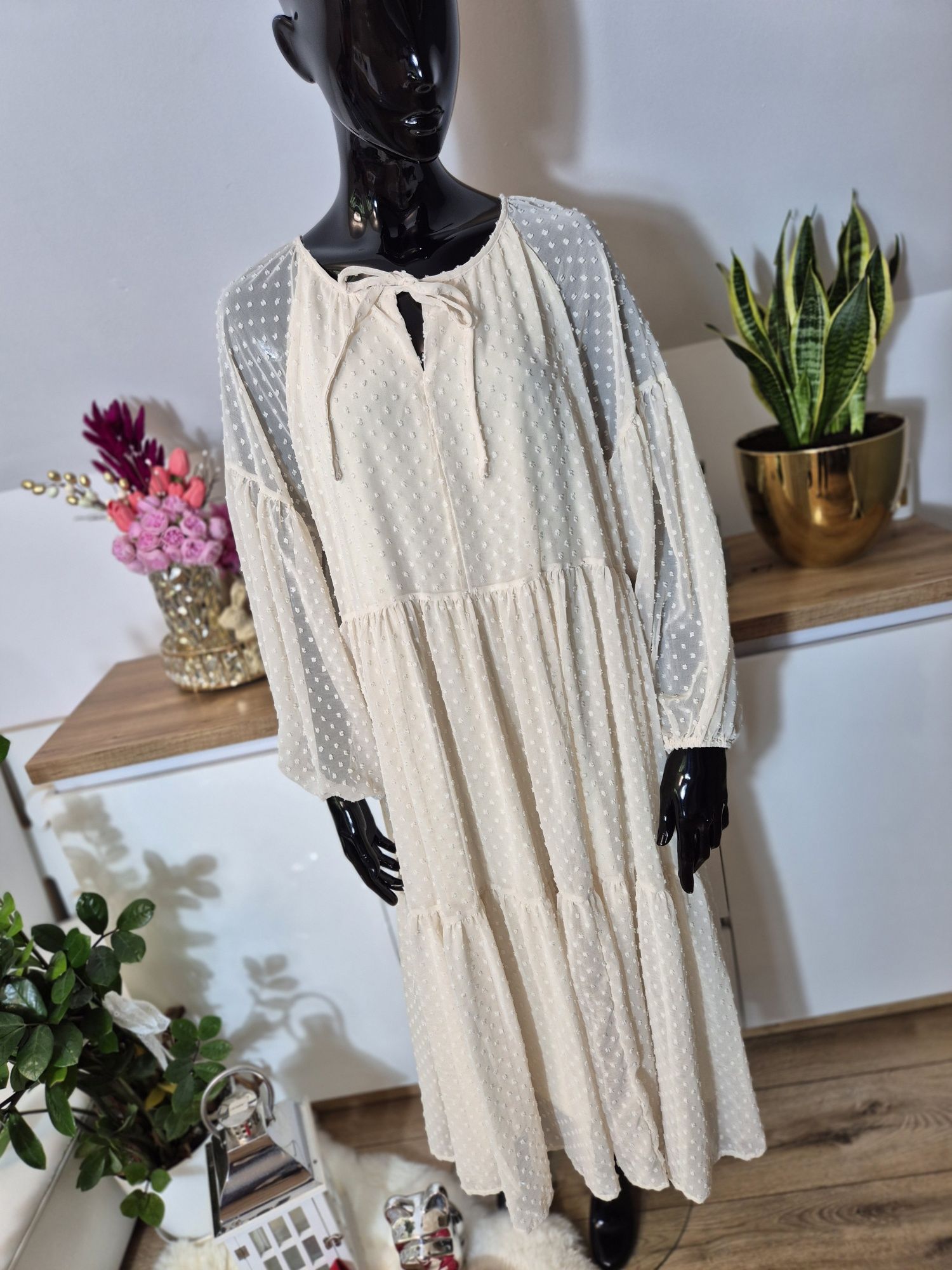 Długa kremowa beżowa sukienka damska maxi Dazy L Oversize plus size wi