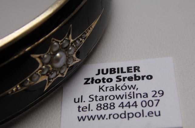 Biedermeier XIX w. bransoletka koło czarna emalia gwiazda z pereł.