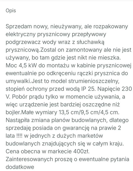Gwarancja Tanio Elektryczny przepływowy podgrzew