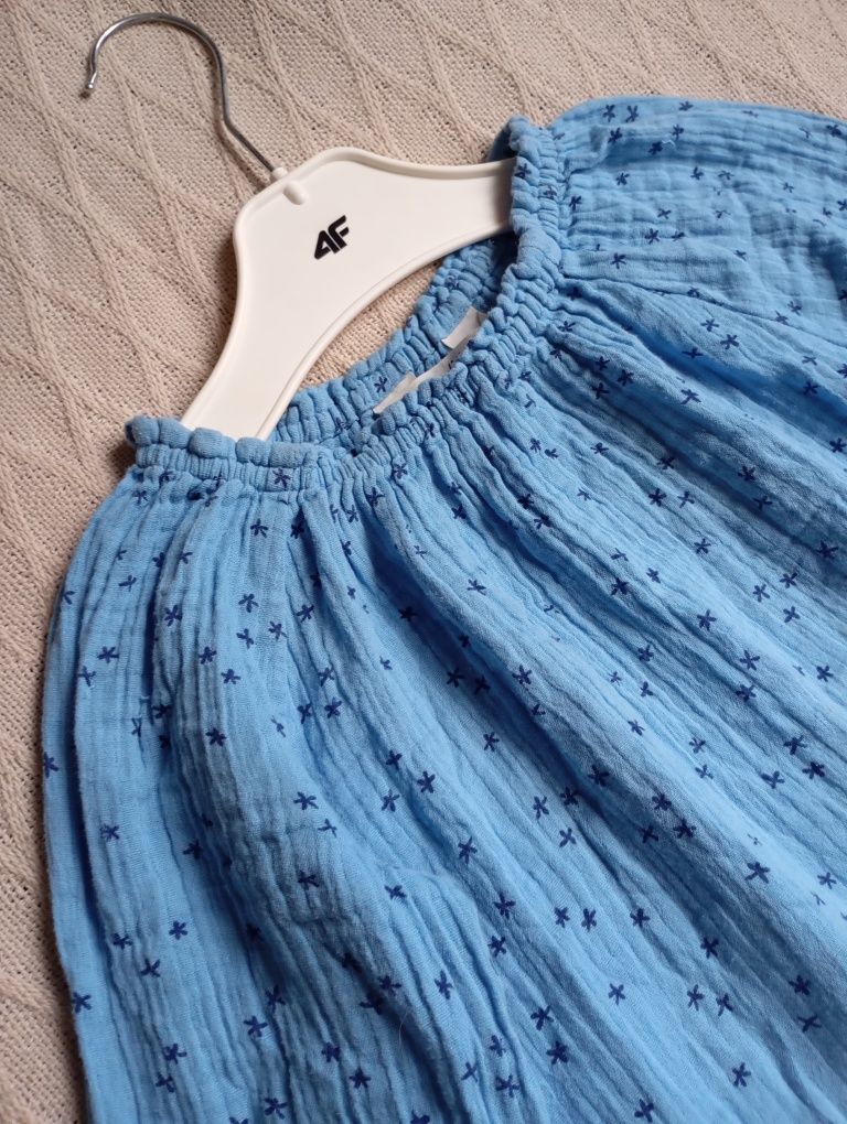 H&M 8-9lat muślinowa naturalna niebieska sukienka trapezowa