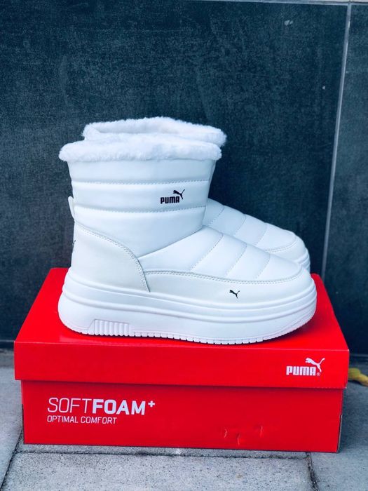 Снежно - белые кожаные дутики Пума на молнии / дутиши Пума / Сапоги