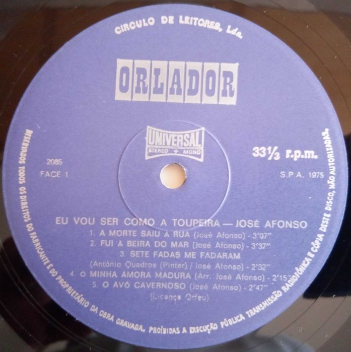José Afonso	- - - - -		Eu Vou Ser Como a Toupeira	- - - - -	LP