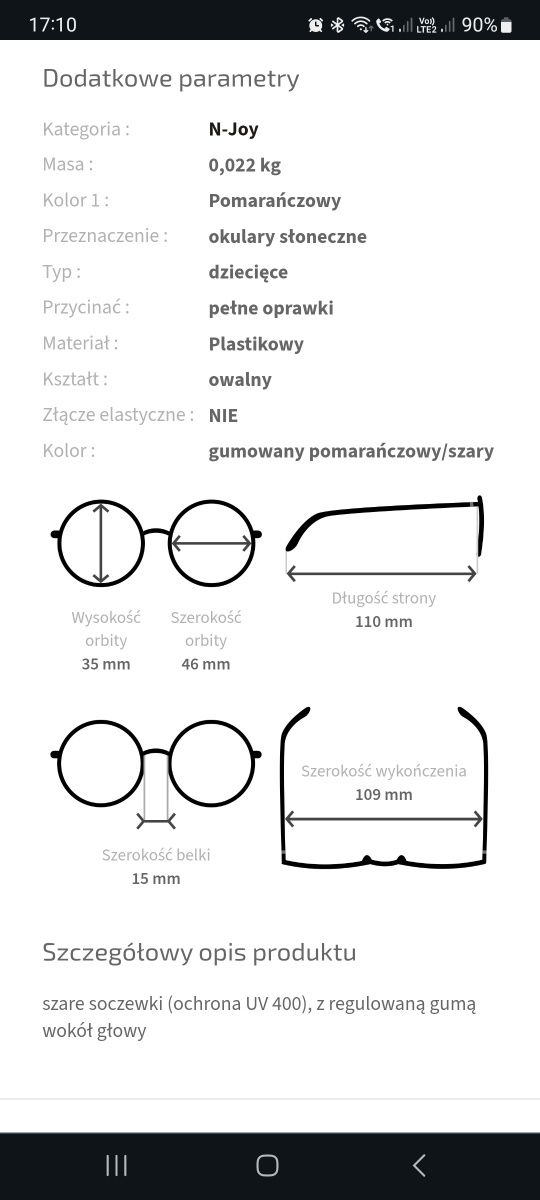 Okulary dziecięce przeciwsłoneczne N-Joy pomarańczowe UV 400