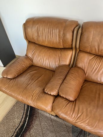 Kanapa skórzana + fotel 2+1 wypoczynek sofa skóra brązowa