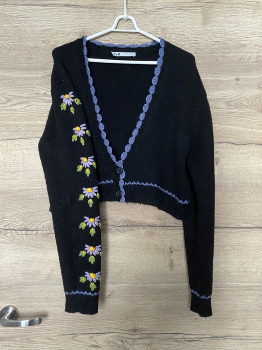 Zara kardigan sweter czarny haft S