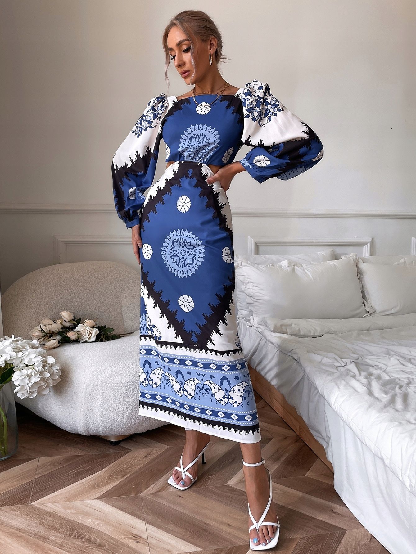 Sukienka Maxi Z Wycięciami Bufiaste Rękawy Odkryte Plecy Shein M 38