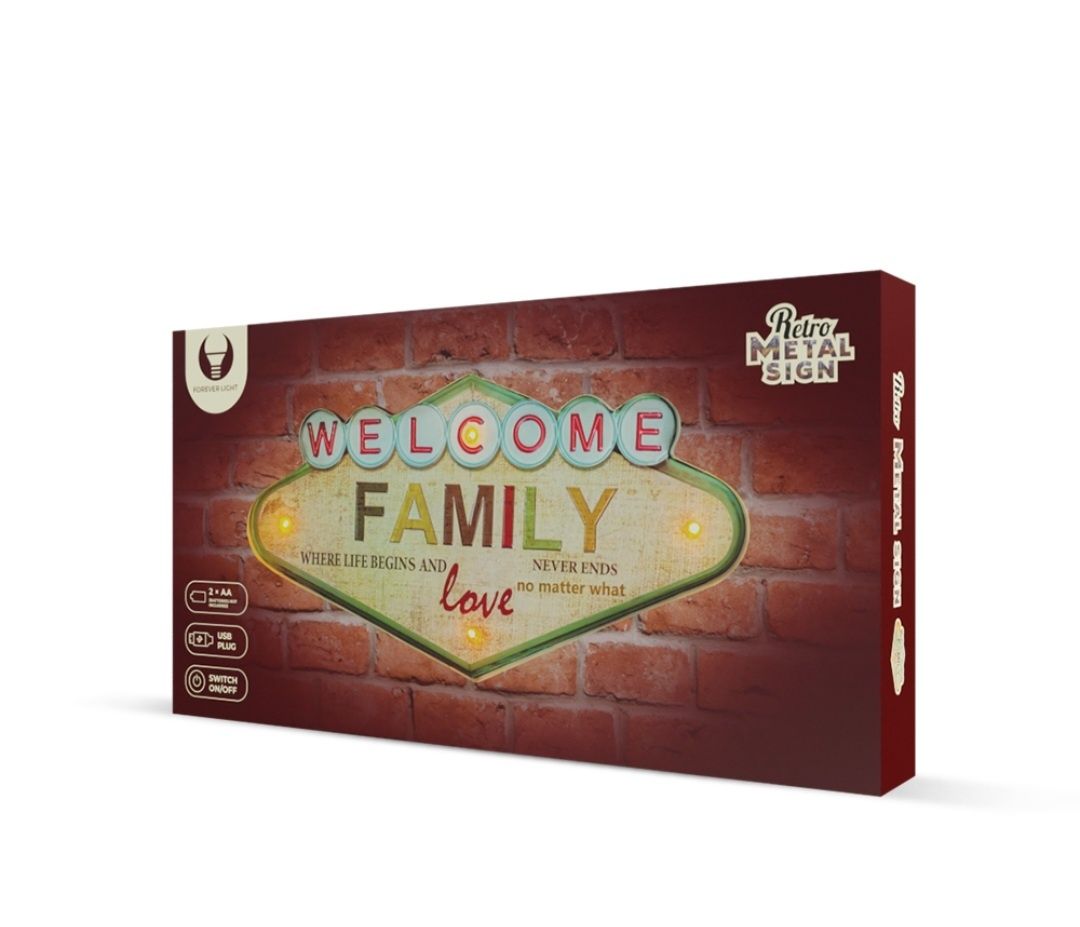 Znak Metalowy RETRO LED Welcome Family