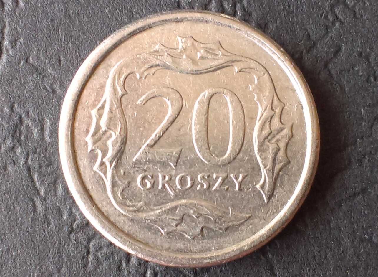 Destrukt moneta 20 groszy 2007, dwie litery zlane z rantem.