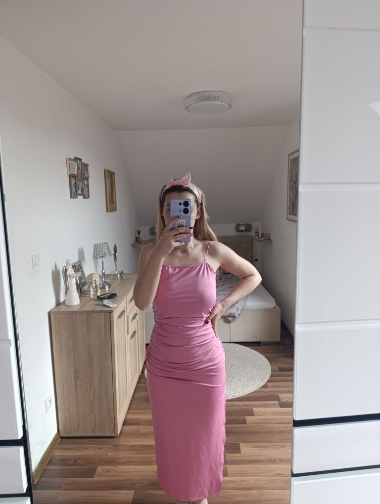 Sukienka z rozcięciem marszczona letnia MIDI koktajlowa sexy s m