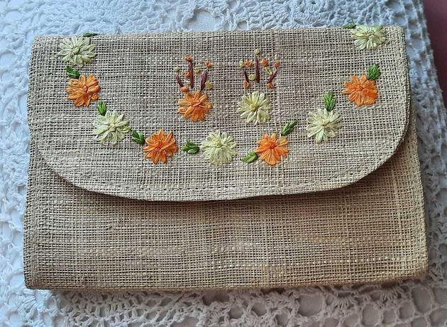 C&A natural włókno kopertówka saszetka kosmetyczna torebka haft kwiaty